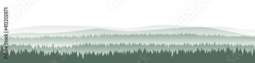 Misty spruce forest landscape. Seamless horizontal background
