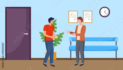 Two men colleagues chatting during break standing in a hallway in office. Young male characters are talking together indoor in corridor. Positive communication of friends. People have a conversation
