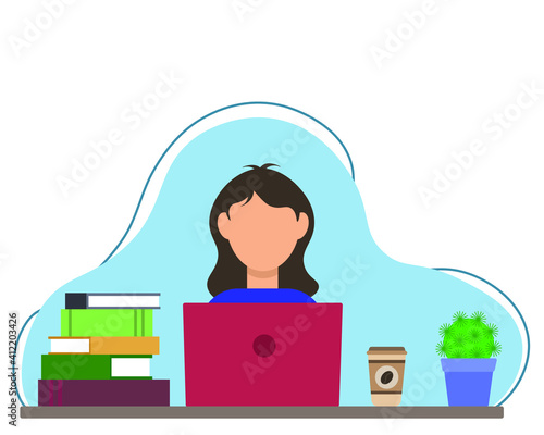 A girl sits at a table with a laptop, a cactus, coffee and a stack of books