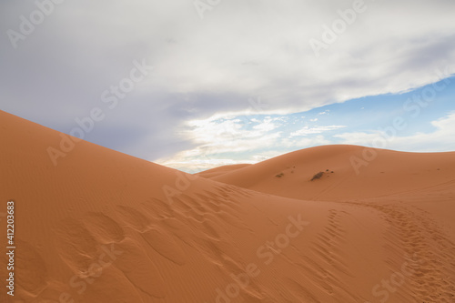 The desert sand dune landscape of Erg Chebbi near the village of Merzouga in southeastern Morocco.