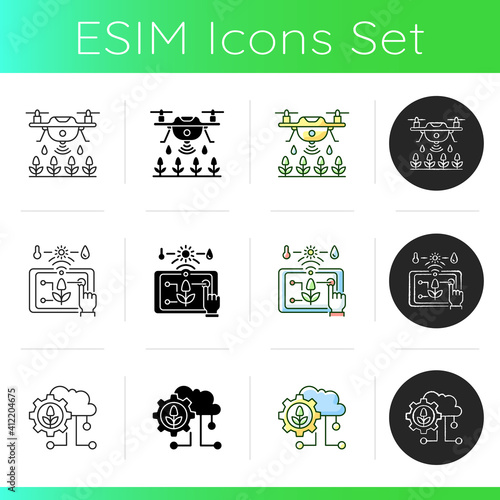 Smart agriculture icons set. Robotics in farm. Digital greenhouse. Innovation technology. Agronomy engineering. Silhouette symbols. Linear, black and RGB color styles. Isolated vector illustrations