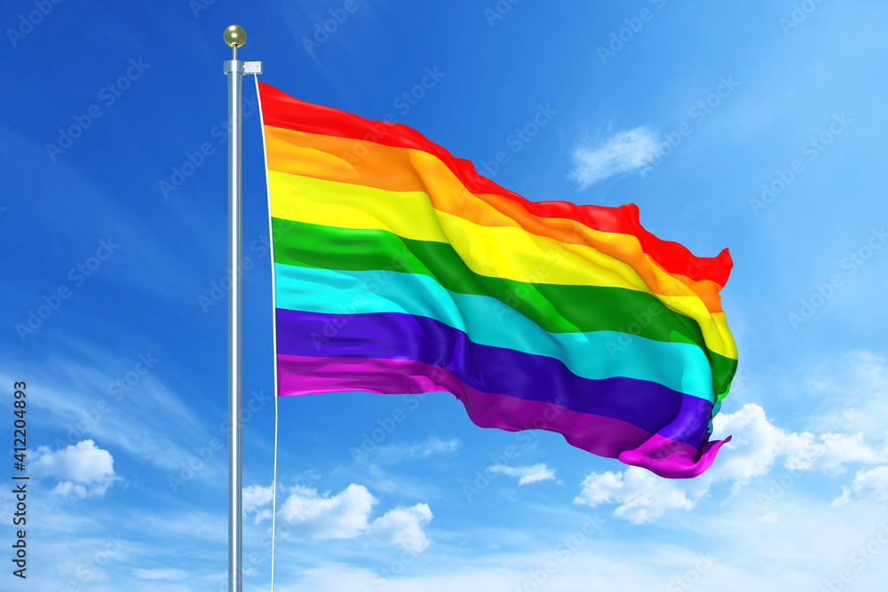 LGBT flag waving on a high quality blue cloudy sky, 3d illustration LGBT flag waving on a high quality blue cloudy sky, 3d illustration