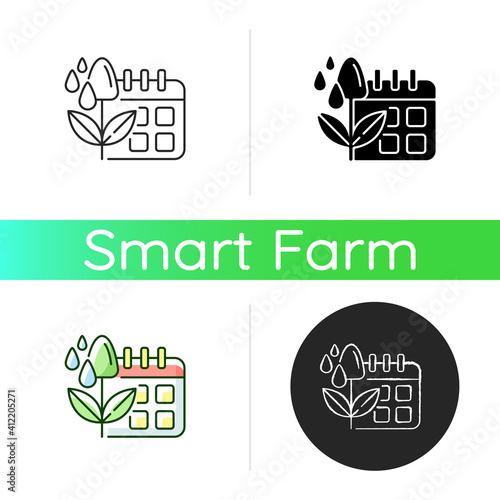 Irrigation scheduling icon. Plant watering. Agriculture equipment. Rain sensors. Evapotranspiration. Linear black and RGB color styles. Isolated vector illustrations