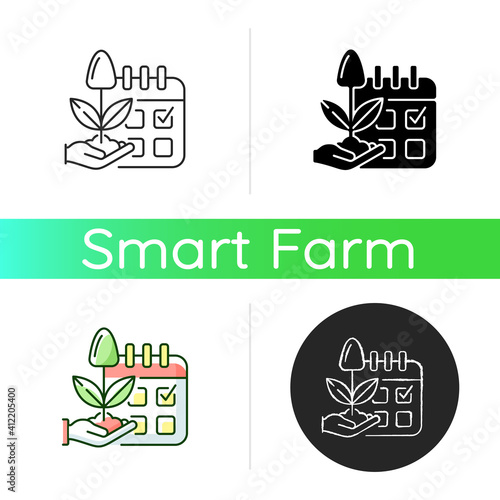 Estimating planting time icon. Growing season. Plant production. Harvesting. Smart farming. Linear black and RGB color styles. Isolated vector illustrations
