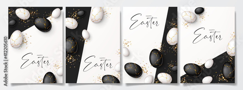 Set of Happy Easter holiday posters. Top view on white and black eggs with golden liquid and golden confetti. Vector illustration with 3d decorative objects. Greeting flyers.