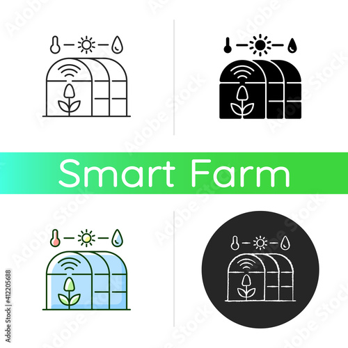 Smart greenhouse icon. Agricultural management. Cultivation environment. Indoor farming. Linear black and RGB color styles. Isolated vector illustrations