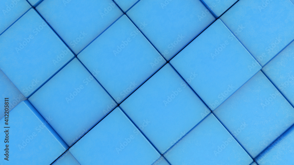 Blue scratched plastic 3d cubes tiles background from perspective view, minimalistic concept. 3d render illustration. Blue scratched plastic 3d cubes tiles background from perspective view, minimalistic concept. 3d render illustration.