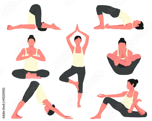 Vector set of 7 yoga poses. Popular asanas. Application design © Nataliia