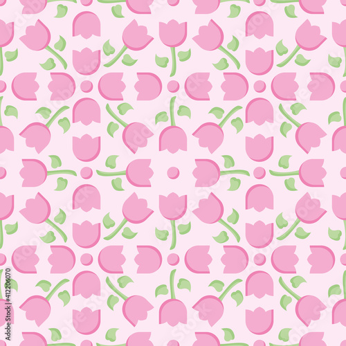 Wallpaper Mural Pink tulip vector repeat pattern. Simple flowers and dots illustration background. Torontodigital.ca