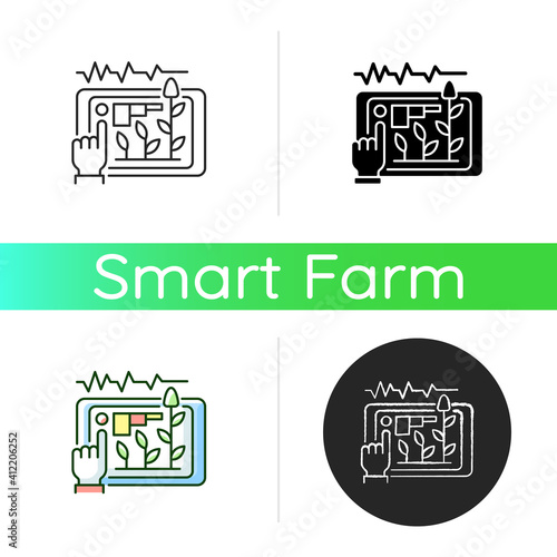 Yield prediction icon. Soil test information. Crop growth forecasting. Machine learning. Analysis system. Linear black and RGB color styles. Isolated vector illustrations