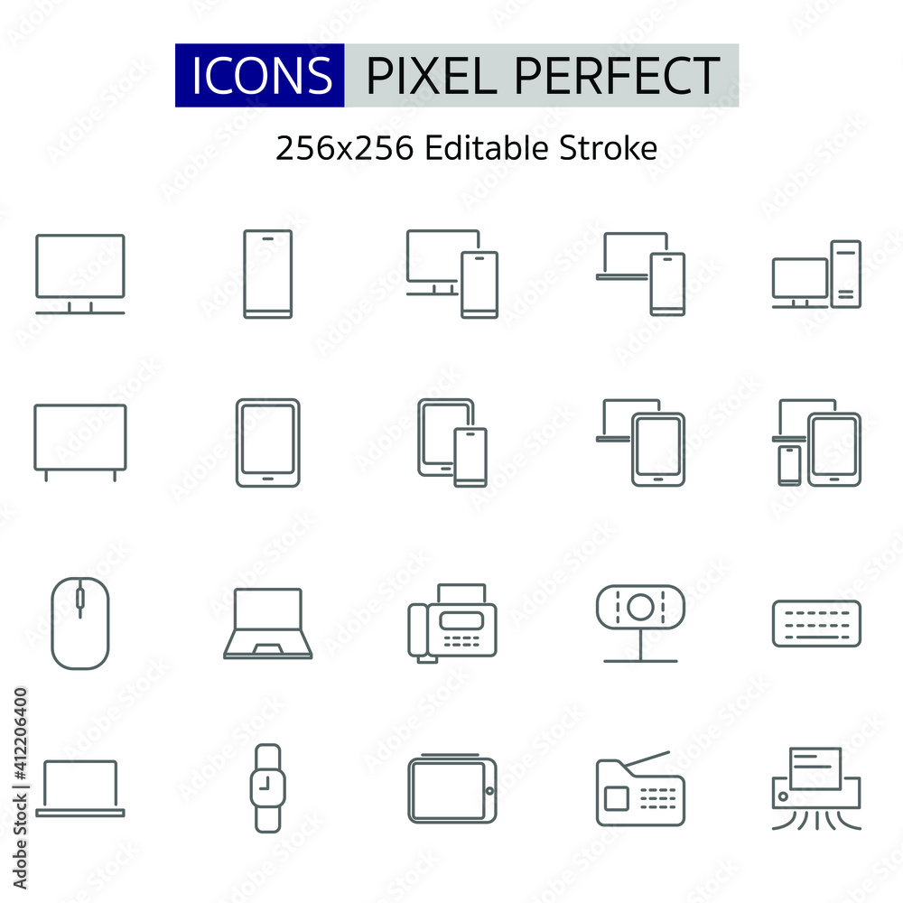 Devices line icons set. Minimal vector illustration. Simple flat sign for web, technology app. Pixel Perfect. Editable Strokes. Devices line icons set. Minimal vector illustration. Simple flat sign for web, technology app. Pixel Perfect. Editable Strokes.