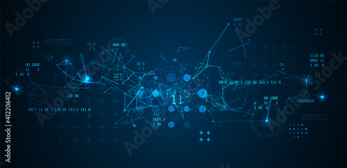 Technology background with plexus effect. Big data concept. Binary computer code. Vector illustration.