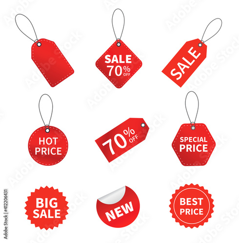 Set of sale tags. Red ribbon price and discount labels. Red starburst stickers. Vector illustration