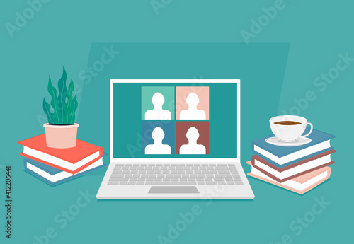 Online lesson on flat work place on white background vector illustration modern style 
