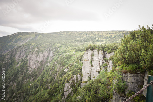 Fototapeta Naklejka Na Ścianę i Meble -  Amazing czech nature in our mountain Krkonose. Wonderful highland scenery with huge cliff. Trees are everywhere. Clean air and amazing view.