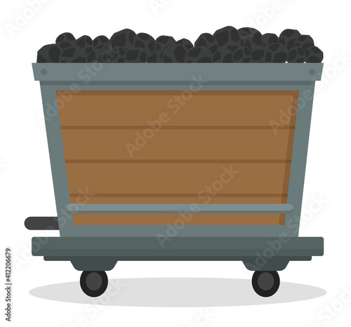 Coal trolley, mining mineral resource, wooden cart with small wheels full of black rocks, wagon transporting, equipment for mining industry, underground vehicle for coals loading, vehicle construction
