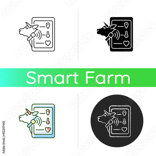 Livestock monitoring icon. Cattle tracking systems. Cows location monitoring. Smart agritech. Animal identification. Linear black and RGB color styles. Isolated vector illustrations