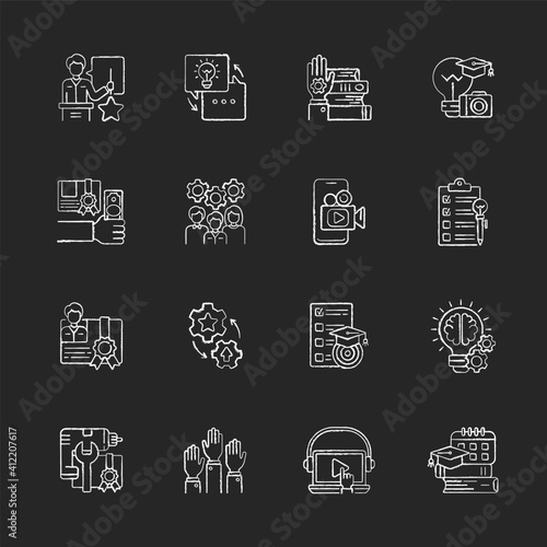 Workshop chalk white icons set on black background. Knowledgeable presenter. Sharing experience. Details of training practice. Workshop certificate. Isolated vector chalkboard illustrations