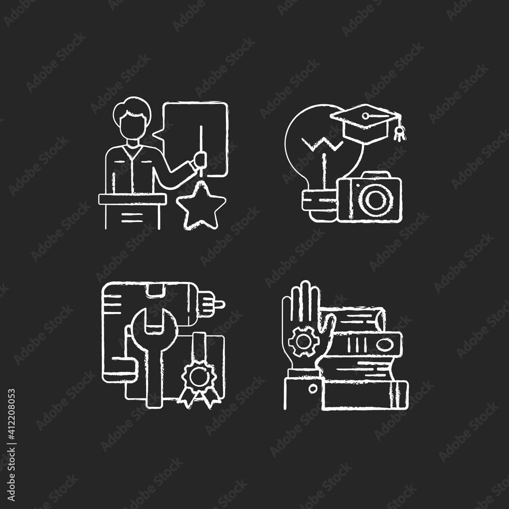 Knowledgeable presenter chalk white icons set on black background. Photography workshop. Workshop icons. Mastery development. On-demand webinar . Isolated vector chalkboard illustrations Knowledgeable presenter chalk white icons set on black background. Photography workshop. Workshop icons. Mastery development. On-demand webinar . Isolated vector chalkboard illustrations