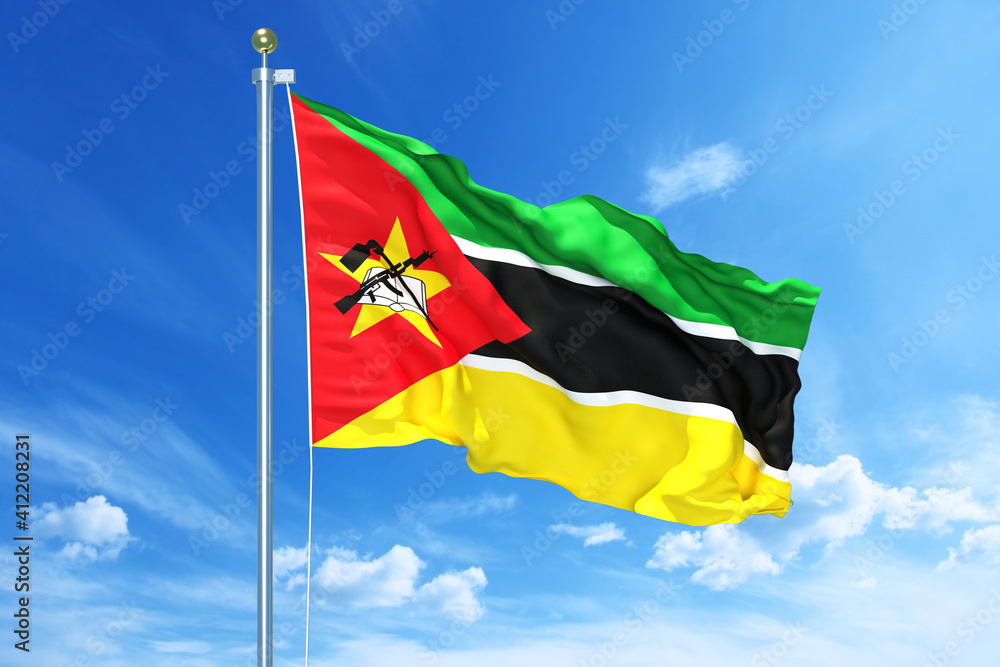 Mozambique flag waving on a high quality blue cloudy sky, 3d illustration Mozambique flag waving on a high quality blue cloudy sky, 3d illustration