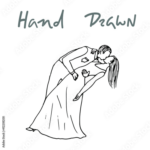 groom tilted his bride and kisses her - vector illustration. Parody of the photo "Kiss in Times Square". Sudden kiss while dancing. The newlyweds are kissing. Lovers in the first mating dance