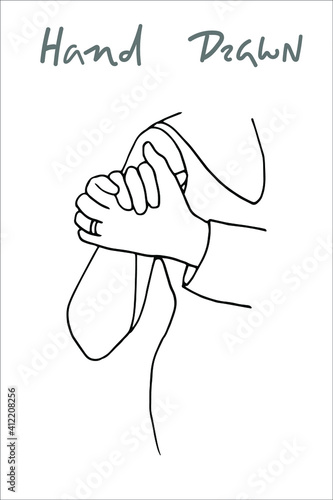 view of two intertwined hands of dancing man and woman. part of drawing of dancers holding hands. the first wedding dance of the newlyweds. wedding dance of wife and husband. vector sketch