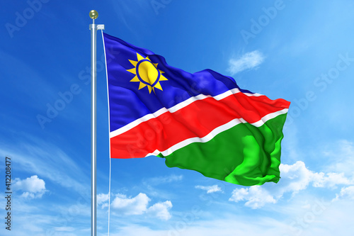 Namibia flag waving on a high quality blue cloudy sky, 3d illustration