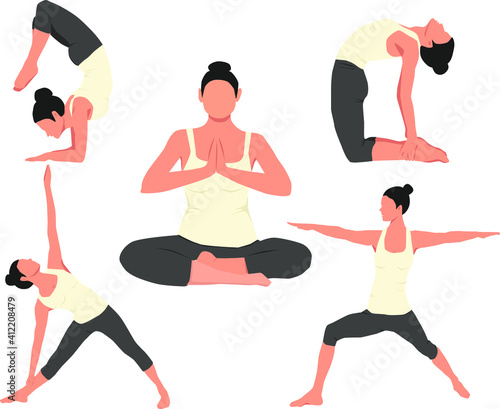 Vector set of yoga asanas. Popular Pilates poses. Application design