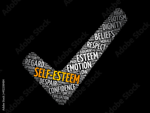 Self-esteem check mark word cloud, concept background