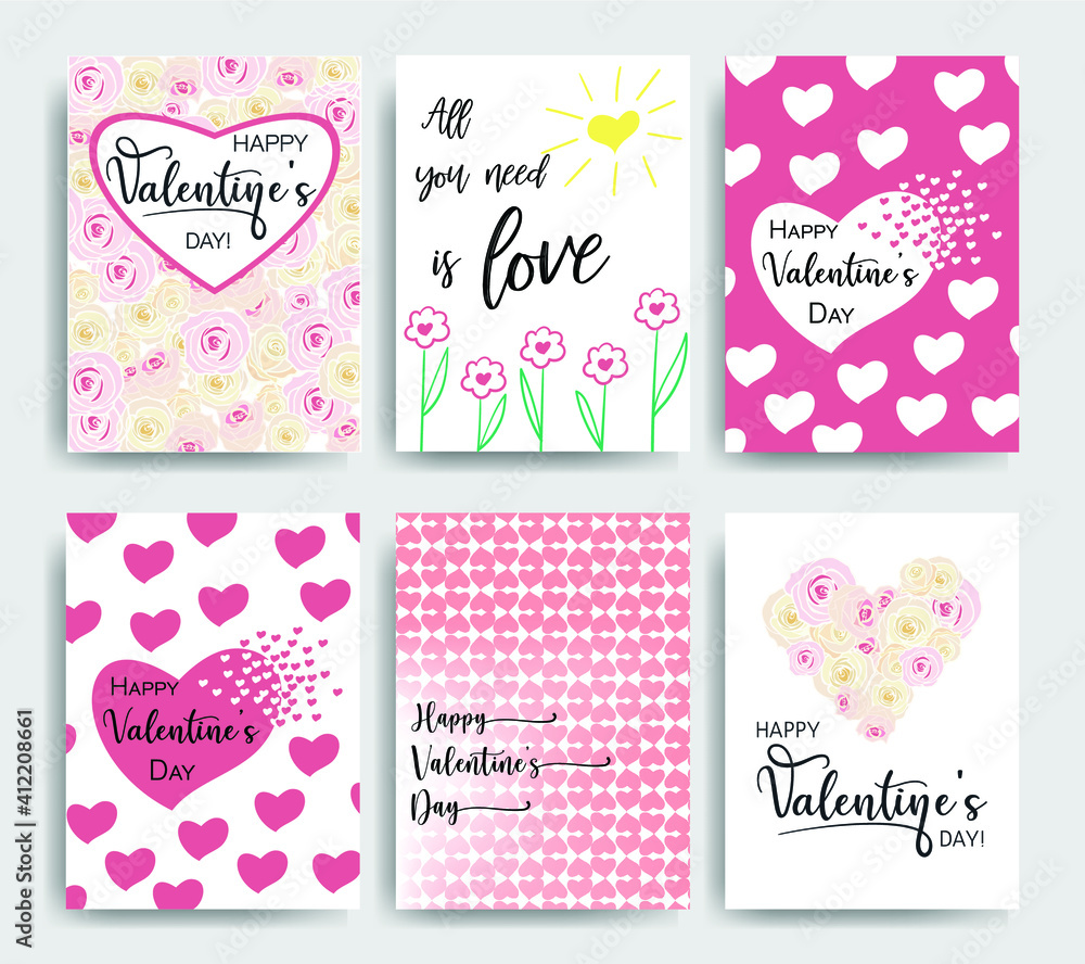 Collection of pink, black, white colored Valentine's day card templates with lettering. Typography poster, card, label, banner design set. Vector illustration EPS10