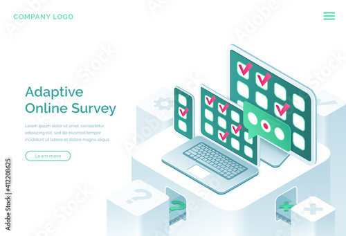 Adaptive online survey isometric landing page. Checklist questionnaire form with check marks on digital devices mobile phone, laptop and pc screens, quiz, customer feedback, exam 3d vector web banner