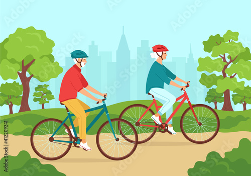 Active senior gray-haired man and woman ride bicycles in helmets in the city park. Healthy lifestyle concept for elderly, outdoor activities in retirement. Happy mature family.Cute vector illustration