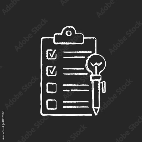 Agenda worksheet chalk white icon on black background. Workshop icon. Time management tool. Efficient time using. Wasting time. Creeting ideas. Isolated vector chalkboard illustration