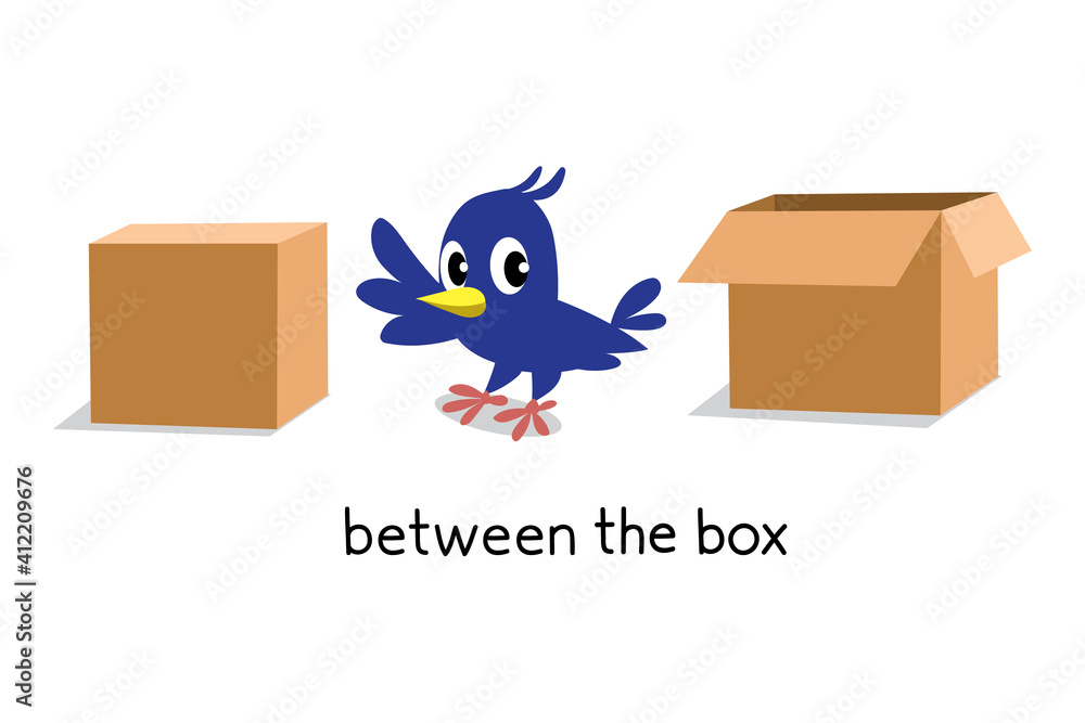 Preposition of place. BIrd between two boxes