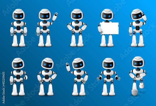 Robot character set for the animation with various views, hairstyle, emotion, pose and gesture. Robot innovation technology science emotions