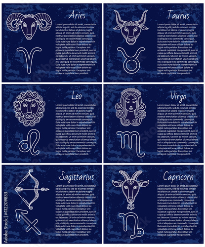 Collection of horoscopes with zodiac signs and information on text. Astrology symbols of taurus and aries, leo and virgo, sagittarius and capricorn. Minimalist set of sketches, vector in flat