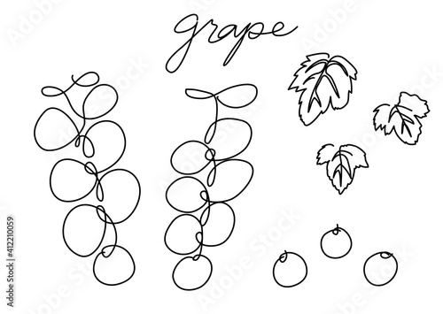 一筆書き　一房のブドウ（白黒、モノクロ）葡萄の葉