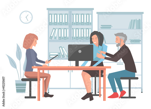 Businesspeople argue, discuss a project. Business meeting, working process. Man manager consulting, talking to boss about conclusion of new contract. Businesswoman chief listens to the report