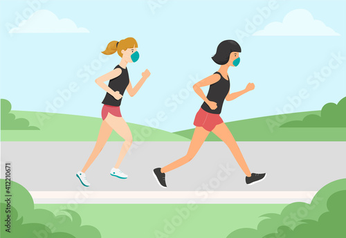 Young girl running with face mask, illustration concept.