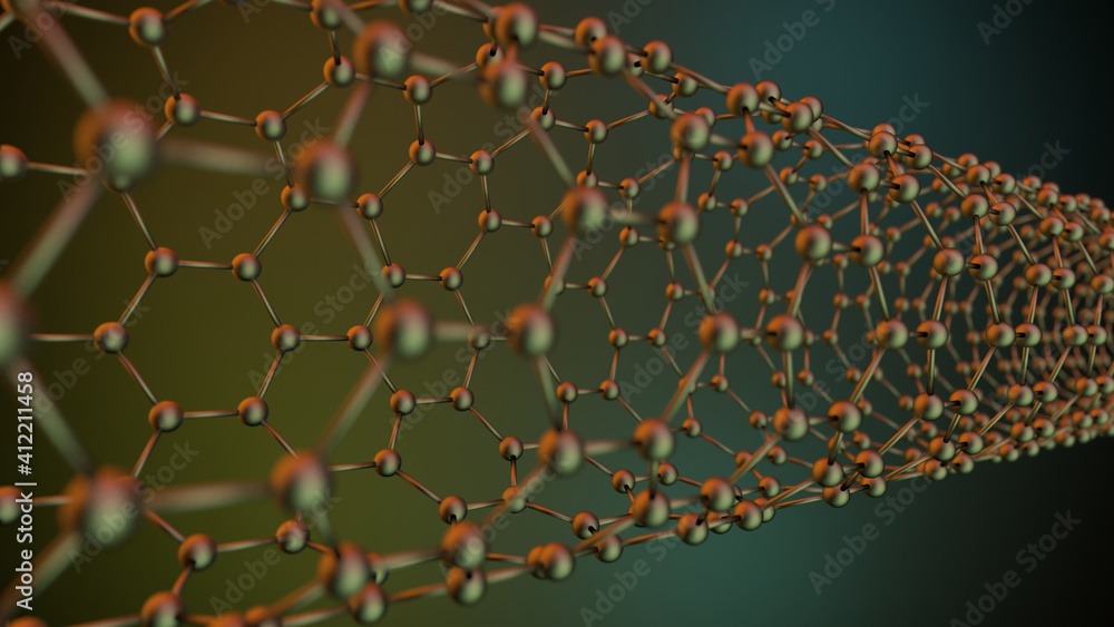 Zigzag carbon nanotube, hexagonal structure, 3d render with dark ...