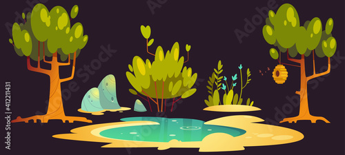 Forest landscape set with trees, pond, stones and beehive hanging on branch. Vector cartoon set of nature scene with lake, green bush and grass, flowers, bees and hive isolated on black background