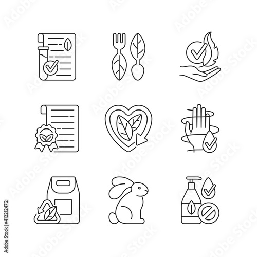Natural cosmetics linear icons set. Cruelty free. Contemporary beauty industry problems. Customizable thin line contour symbols. Isolated vector outline illustrations. Editable stroke
