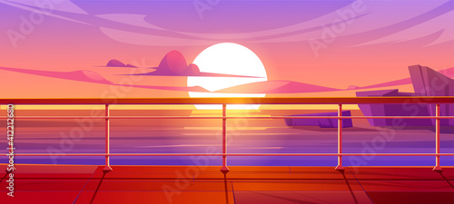Cruise liner deck or quay on dusk seascape view, empty ship with baluster and wooden floor. Sunset scenery background on luxury sailboat in sea or ocean. Passenger vessel, Cartoon vector illustration