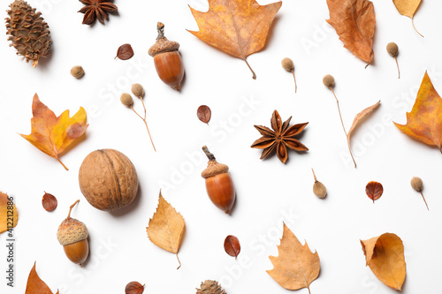 Flat lay composition with autumn leaves on white background