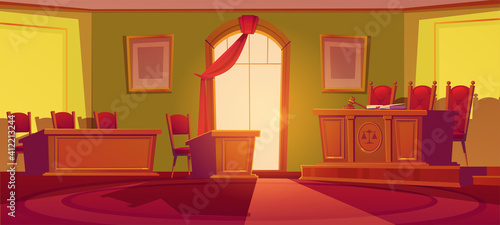 Courtroom empty interior with wooden desk with scales and wood gavel, chairs, arch window with red curtain and places for judge, defendant and plaintiff. Trial court room, Cartoon vector illustration