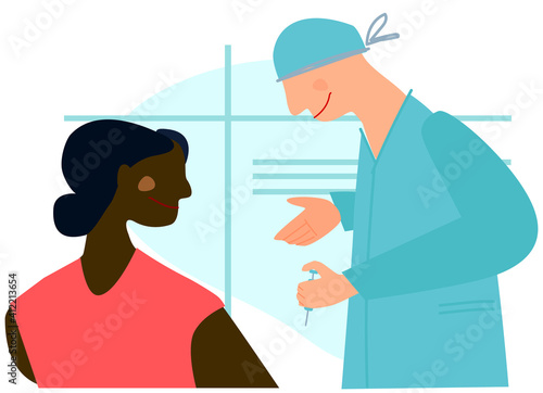 Vaccination time concept. Stop coronavirus concept. Doctor prepairing to inoculate black female patient, making vaccine injection in shoulder. Vector illustration. Banner, poster,social media post
