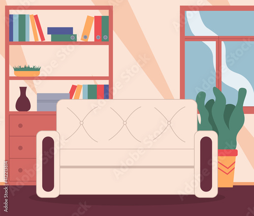 Cozy interior of room at home. Comfortable sofa near window, houseplant, rack with books, folders, grass decor at shelves. Modern interior design of living room. Vector illustration in flat style