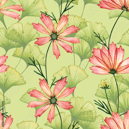 Wallpaper Mural Seamless pattern with watercolor x-ray flowers and leaves. Hand drawn illustration is isolated on green. Airy  ornament is perfect for ornament floristic design, delicate wallpaper, fabric textile Torontodigital.ca