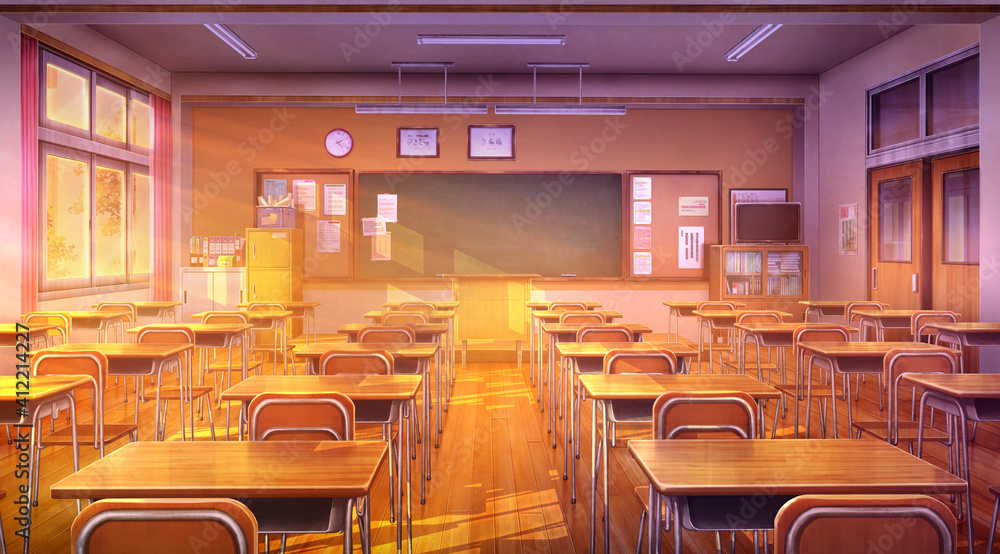 Classroom - Evening, 2D Anime background , Illustration. Stock Illustration  | Adobe Stock