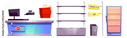 Supermarket store with checkout counter, shelves, baskets and refrigerator for food. Vector cartoon set of grocery shop with cashier desk, empty rack, signs and trash can isolated on white background